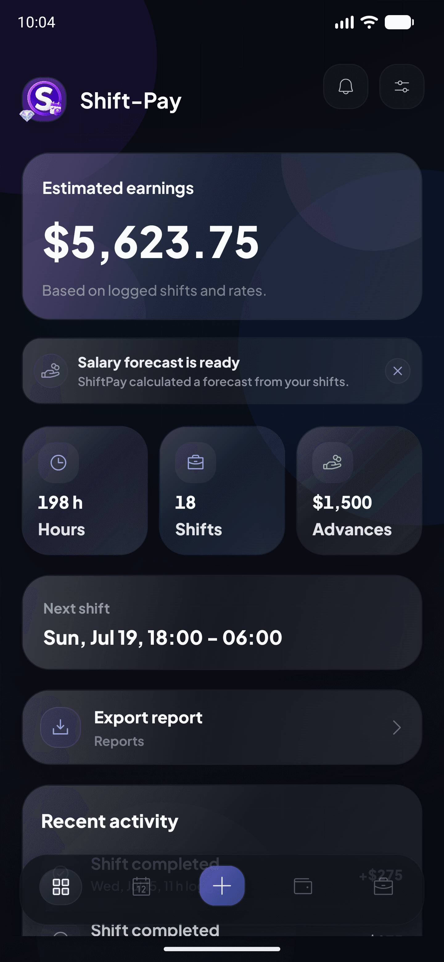Shift-Pay dashboard with estimated earnings